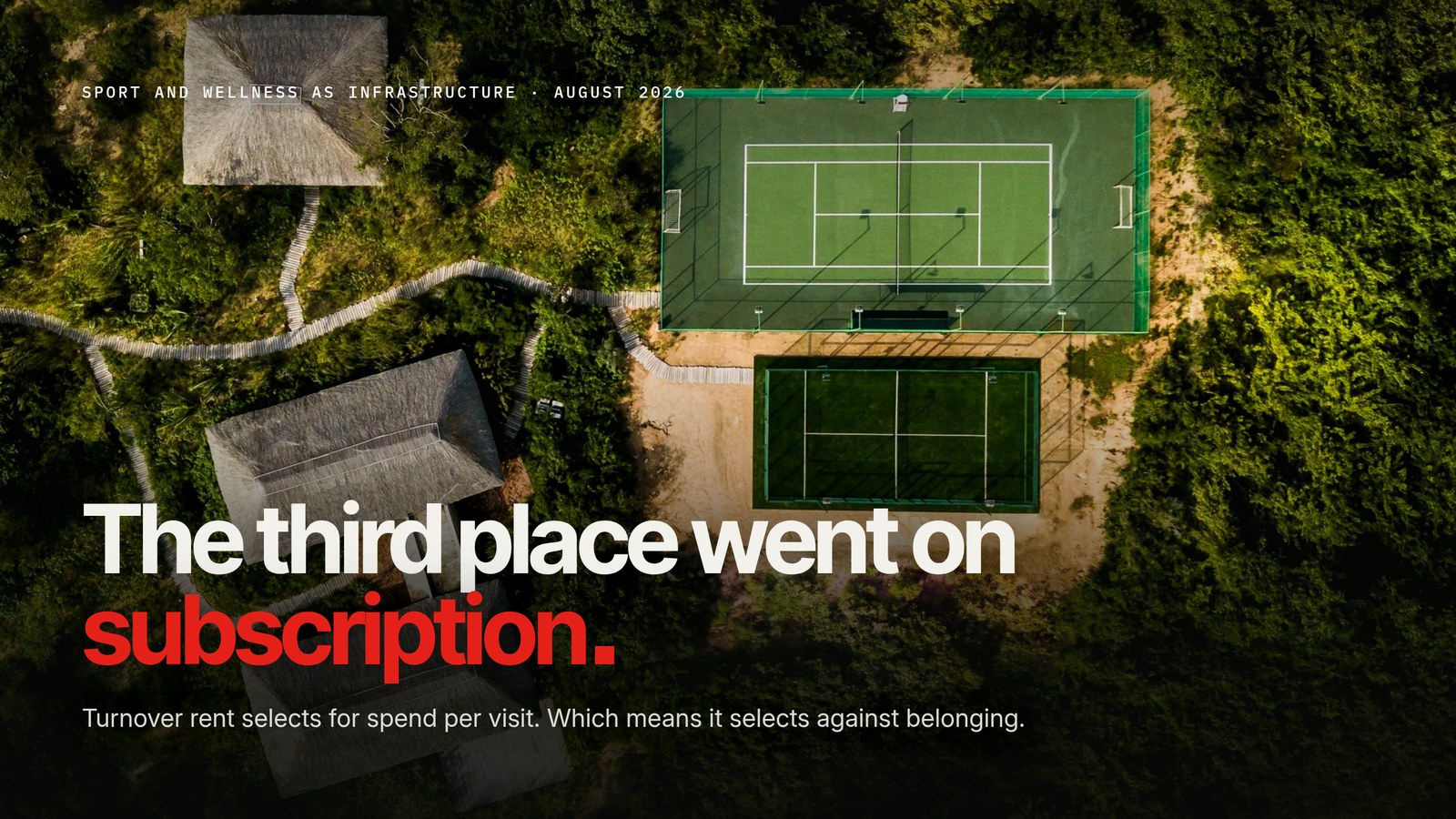 Aerial view of a tennis court and a padel court beside two thatched pavilions in dense green, with the title of the essay.