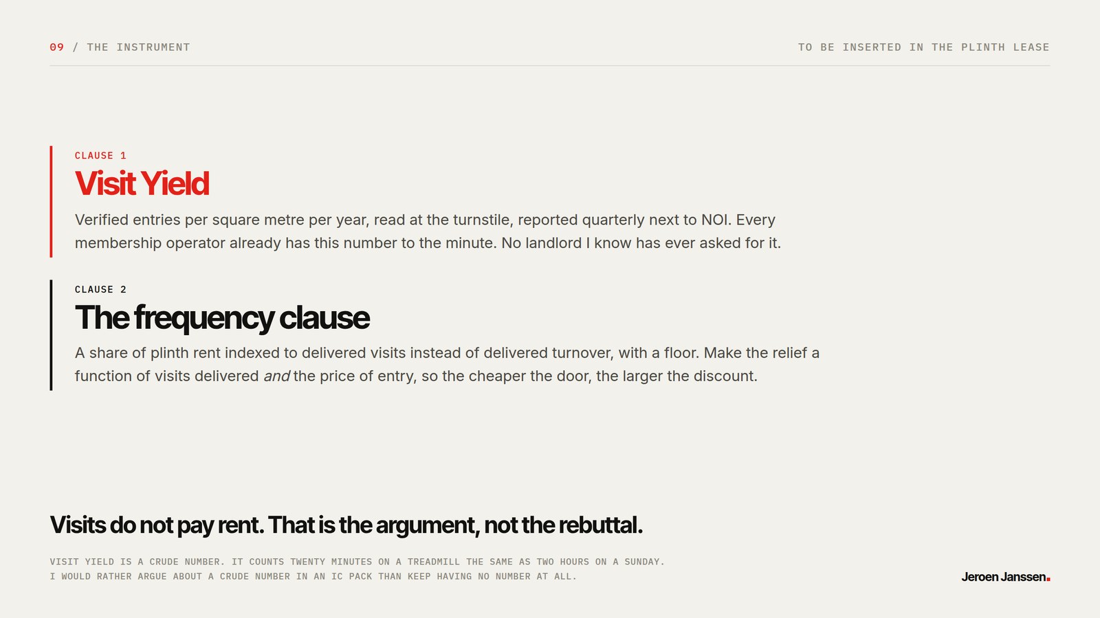 The instrument. Two clauses for the plinth lease: Visit Yield, verified entries per square metre per year read at the turnstile, and the frequency clause, rent indexed to delivered visits instead of turnover.