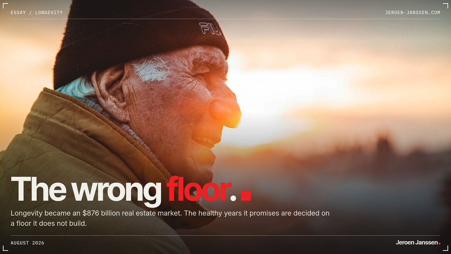 The wrong floor. Cover image: an old man in a beanie smiling into low sunlight, city skyline behind him.